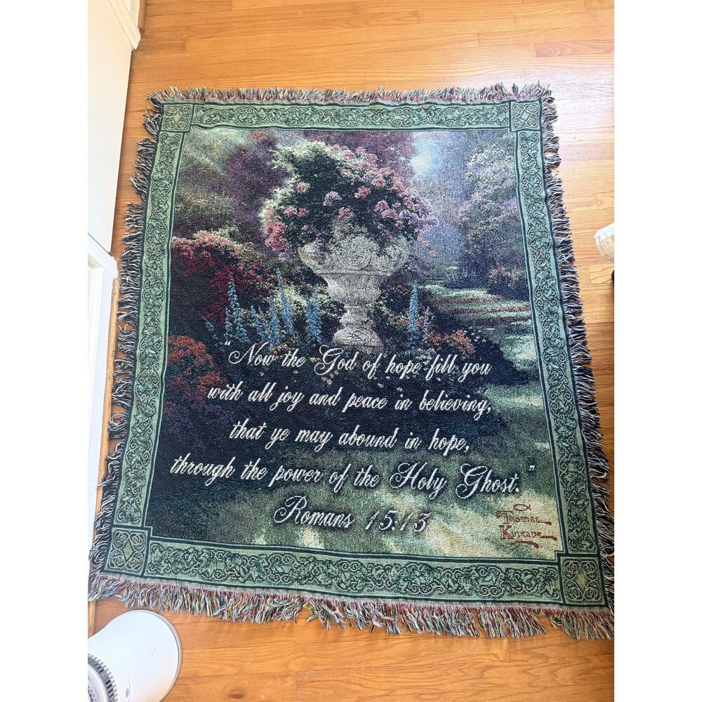 Vintage Thomas Kinkade Garden of Hope Romans 15:13 Tapestry Throw Blanket 50x60